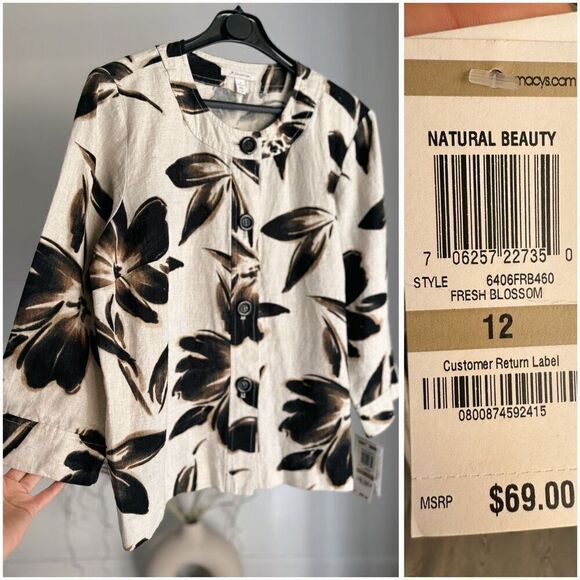 JM Collection 100% Linen Printed Shirt Top NWT US 12 - Picture 1 of 3